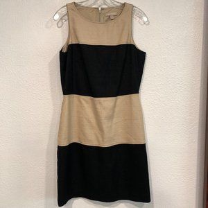 Banana Republic Sleeveless Sheath Dress Woven Cotton Black Tan Knee Length SZ 8